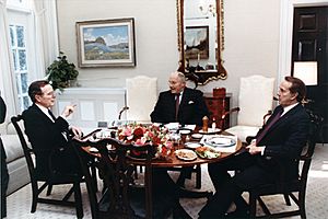 George H. W. Bush, Bob Michel, and Bob Dole at luncheon