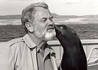 GiGi, a sea lion trained by the U.S. Navy for underwater recovery, nuzzles merchant mariner Capt. Arne Willehag of the USNS Sioux during a 1983 training session.