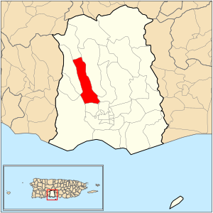 Location of barrio Magueyes within the municipality of Ponce shown in red