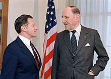 Secretary of Defense Caspar W. Weinberger meets with Secretary General of NATO Luns in the Pentagon 1983