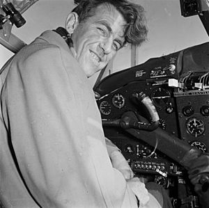 Sir Edmund Hillary in the cockpit of the Trans-Antarctic Expedition's aeroplane, Rongotai, Wellington, 1956
