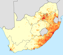 Density of people who speak Nguni languages at home.          <1 /km²      1–3 /km²      3–10 /km²      10–30 /km²      30–100 /km²        100–300 /km²      300–1000 /km²      1000–3000 /km²      >3000 /km² 