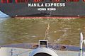 The stern tow rope is fixed to the container ship Manila Express, the drag is started