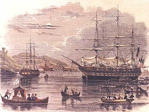 USS Cumberland holding a grand ball in the harbor of La Spezia, Kingdom of Sardinia (1853) - Ballou's pictorial drawing, 5 April 1856.