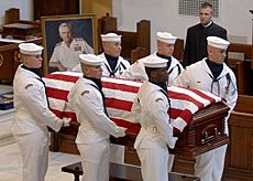 US Navy 050723-N-5390M-002 The casket of Medal of Honor recipient, retired Vice Adm. James B. Stockdale, is carried from the U.S. Naval Academy Chapel by the ceremonial guard