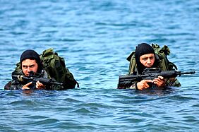US Navy 090624-N-7883G-034 Basic Underwater Demolition-SEAL (BUD-S) students wade ashore on San Clemente Island during an over the beach exercise