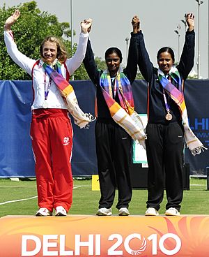 XIX Commonwealth Games-2010 Delhi Archery (Women’s Individual Recurve) Deepika Kumari of India (Gold), Alison Jane Williamson of England (Silver) and Dola Banerjee of India (Bronze) during the medal presentation ceremony
