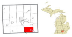 Location within Jackson County and the administered village of Brooklyn (1), portions of Cement City (2) and Vineyard Lake CDP (3)