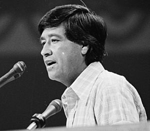 Democratic Convention in New York City, July 14, 1976. Cesar Chavez at podium, nominating Gov. Brown (cropped1)