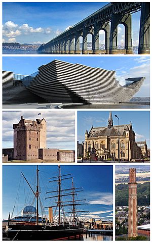 From top, left to right: Tay Bridge across the Firth of Tay, V&A Dundee design museum, Broughty Castle, McManus Gallery, RRS Discovery and Cox's stack in Lochee.