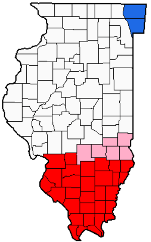 Counties of Southern Illinois. In red are the counties usually included, in pink are counties sometimes included.