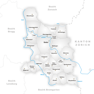Karte Gemeinden des Bezirks Baden 2006