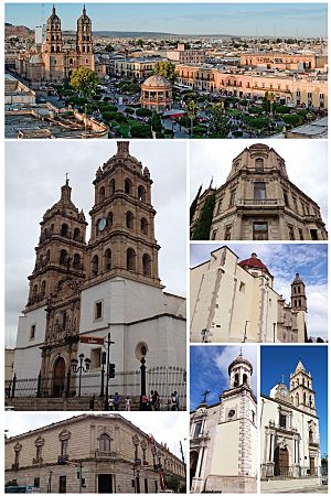 From top to left: Plaza de Armas, Cathedral Basilica of Durango, Quinta del Aguacate, Santa Ana y la Sagrada Familia Parish, City Hall, San Agustín Temple and San Juan Bautista Parish