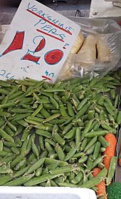Peas for sale on a UK greengrocer's market stall in August 2013
