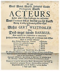 Plakat for en opførelse af Ludvig Holbergs Gert Westphaler
