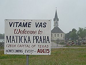 Welcome sign of Praha, Texas.