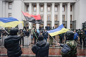 Samooborona (Self Defence) guard and activists at the entrance to Verkhovna Rada. Euromaidan, Kyiv, Ukraine. Events of February 22, 2014