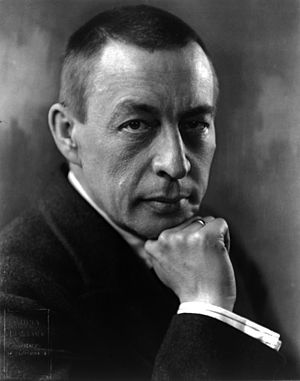 A black-and-white photograph of Sergei Rachmaninoff in 1921