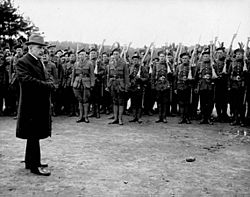 Sir Robert Borden addressing the Troops, Bramashott, England, April, 1917