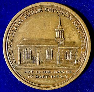 Southampton England Memorial Death Medal Brideoake 1743 & Renovation of the Church St Mary 1722 by Dassier, reverse