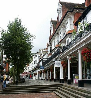 Pedestrian street paved with flagstones, lined with trees and brick and clapboard buildings