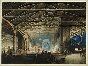'Cyfarthfa Ironworks Interior at Night', by Penry Williams, (1825)