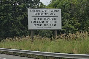 Apple Maggot Quarantine Area sign on SR 522 near Woodinville, WA
