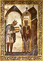 Crude painting of King Athelstan wearing his crown and handing over the book to a haloed Saint Cuthbert. Both men wear medieval robes.