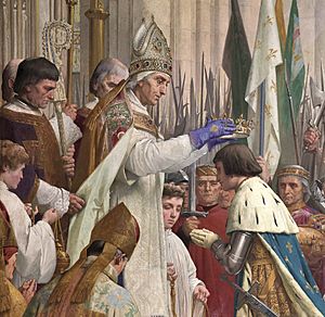 Regnault de Chartres crowns Charles VII king in Rheims Cathedral(by Jules Eugène Lenepveu, 1889).