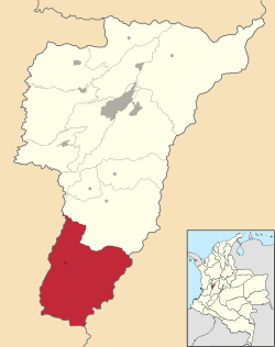 Location of the municipality and town of Génova, Quindío in the Quindío Department of Colombia.