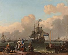 Het IJ voor Amsterdam met het fregat 'De Ploeg'. Rijksmuseum SK-C-91