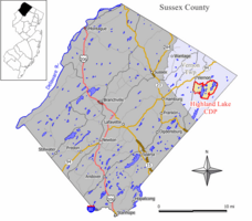 Map of Highland Lakes in Sussex County. Inset: Location of Sussex County highlighted in the state of New Jersey