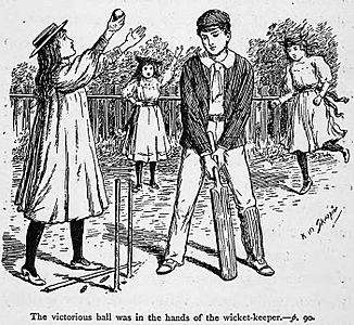 Illustrations by K. M. Skeaping for the Holiday Prize by E. D. Adams-pg-090-The victorious ball was in the hands of the wicket-keeper