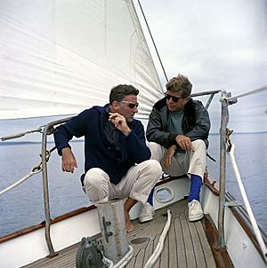 JFKWHP-KN-C23203-President John F Kennedy and Peter Lawford Aboard the Yacht Manitou