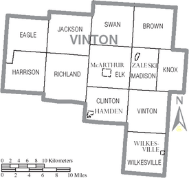 Map of Vinton County Ohio With Municipal and Township Labels
