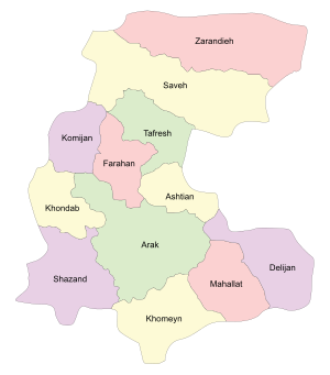 Location of Khomeyn County in Markazi province (bottom, yellow)