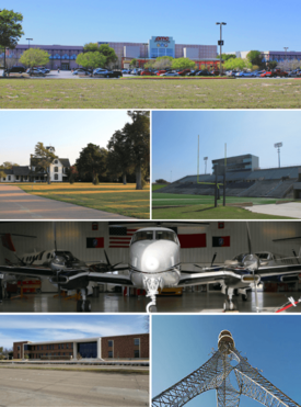 Top to bottom, left to right: AMC 30 Mesquite, Stephen Decatur Lawrence Farmstead, Mesquite Memorial Stadium, Mesquite Metro Airport hangar, Mesquite High School, and Mesquite Tower