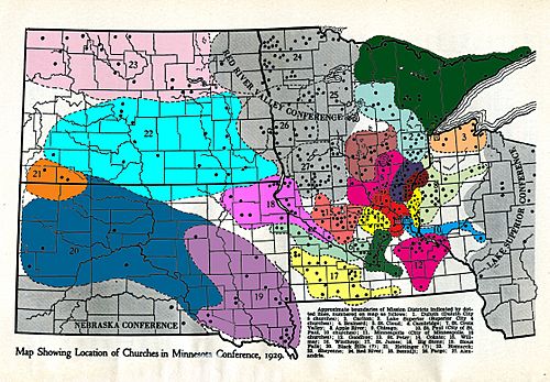 This is a 1929 map of the districts of the Minnesota Conference of the Augustana Evangelical Lutheran Church.