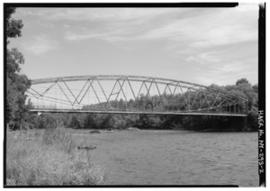 OBLIQUE ELEVATION, LOOKING NORTHEAST. - Grant Road Bridge, Spanning Raquette River at Grant Road, Raymondville, St. Lawrence County, NY HAER NY,45-RAYM,2-2