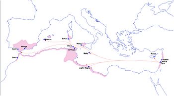 Approximate extent of Phoenician settlements and trade routes c. 800 BC.