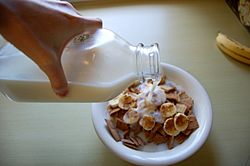 Skim milk poured into cereal bowl