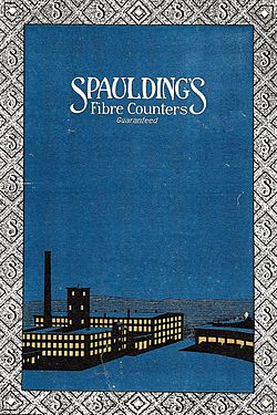 1915 catalog cover for "Spaulding's Fibre Counters Guaranteed", showing a rendering of the North Rochester plant at night.