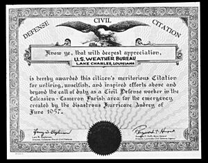 Weather Bureau Lake Charles meritorious citation after Hurricane Audrey