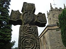 Celtic cross and Eyam church tower - geograph.org.uk - 1398136.jpg