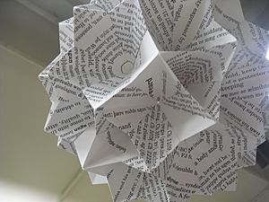 Hanging decoration made out of discarded Dictionary of Old English research materials, in the Dictionary of Old English office