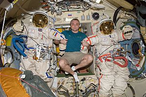 ISS-22 Maxim Suraev with two Russian Orlan-MK spacesuits in the Poisk module