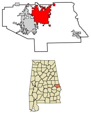 Location of Opelika in Lee County, Alabama
