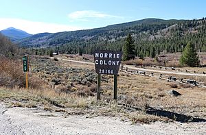 The entrance to Norrie along Frying Pan Road at mile marker 28.