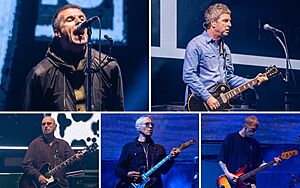Oasis performing onstage, singing into microphones