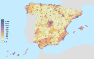 Population per km2 by municipality in Spain (2018)